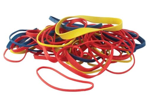 A collection of various sized rubber bands, some twisted and some lying