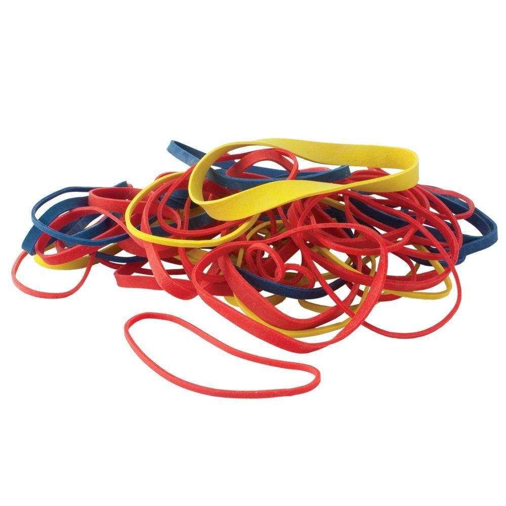 A collection of various sized rubber bands, some twisted and some lying